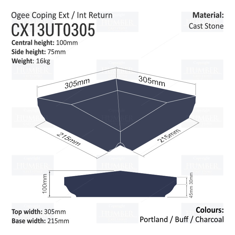Ogee Wall Coping – Internal / External Return (Various Sizes)