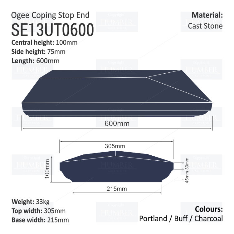 Ogee Wall Coping – Stop End (Various Sizes)
