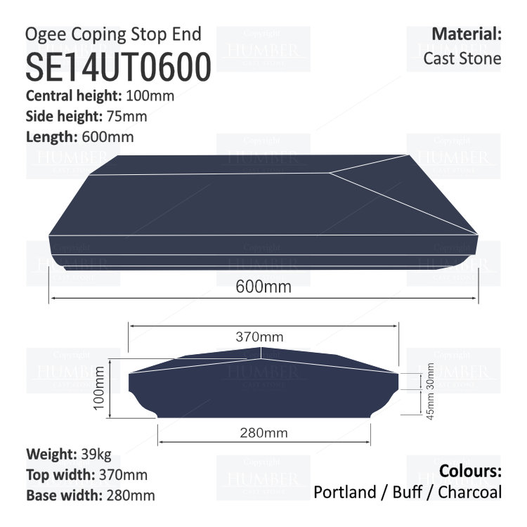 Ogee Wall Coping – Stop End (Various Sizes)